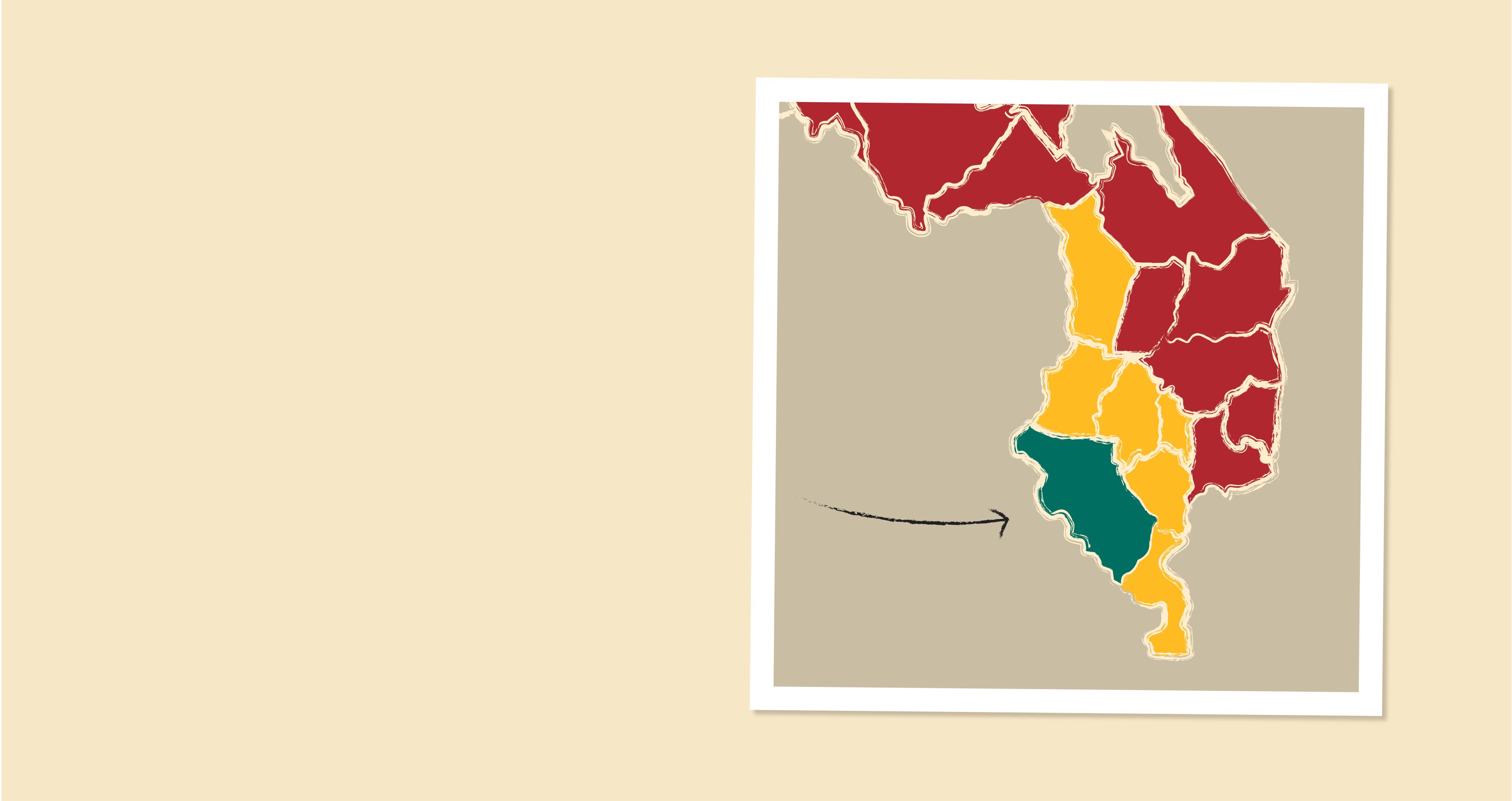 Map of Southern Malawi with the programme districts highlighted in yellow, apart from Chikwawa, which is highlighted in green with an arrow pointing towards it.